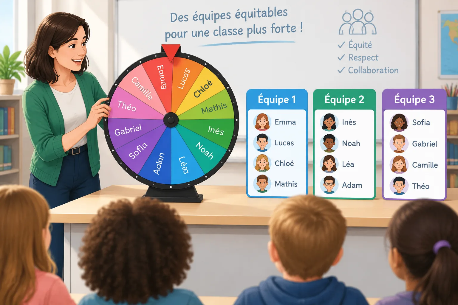 Clean instructional illustration of a spinning selection wheel divided into name segments
