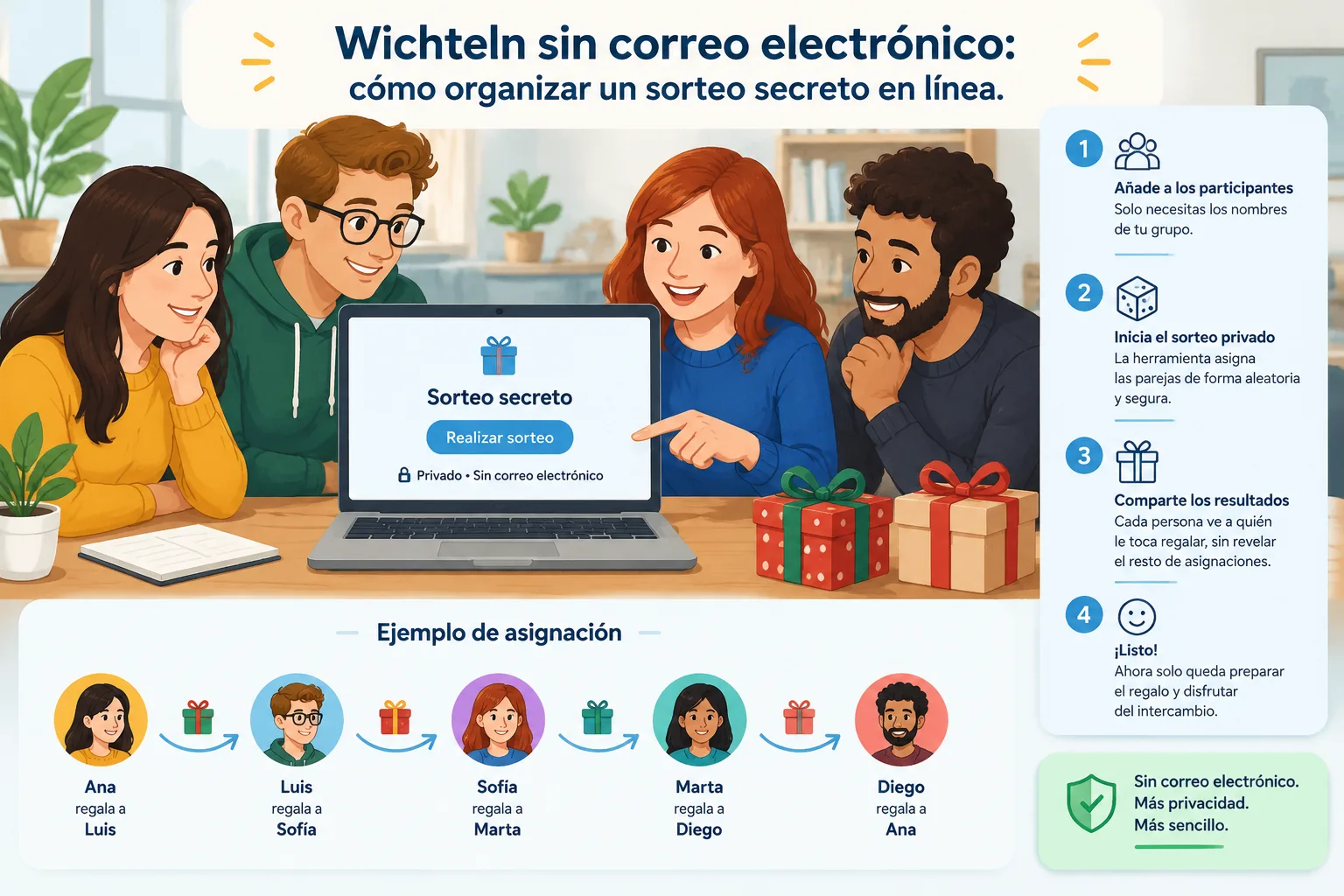 Diagrama educativo de un intercambio de regalos secreto con nombres conectados mediante un sorteo di