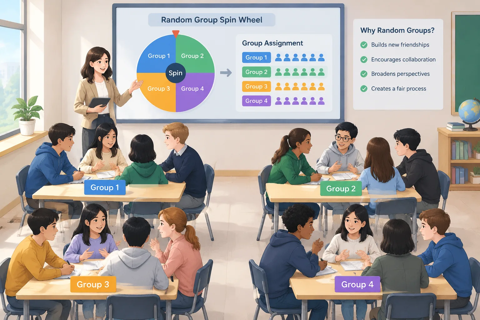 Simple classroom activity diagram showing students separated into small balanced discussion groups