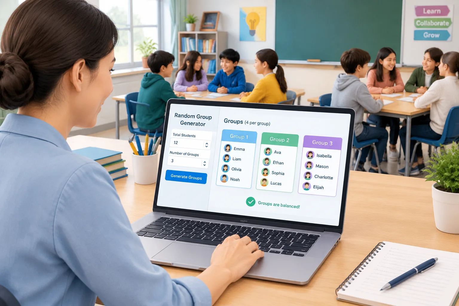 Diagram of a teacher using a random group generator on a laptop