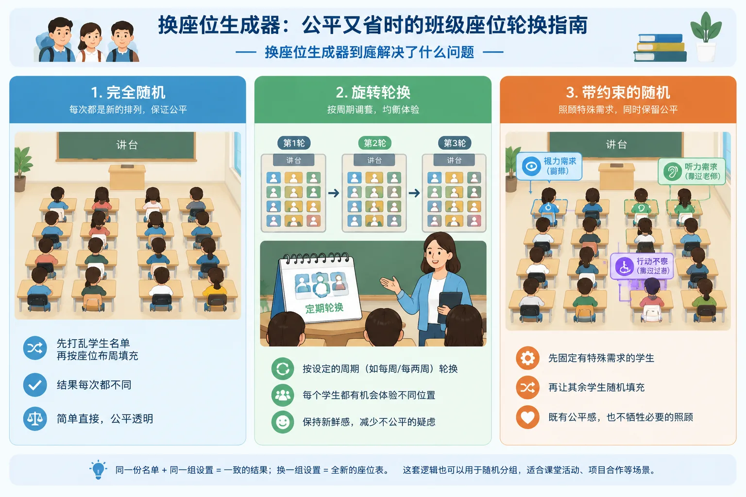 Three-panel infographic comparing fully random