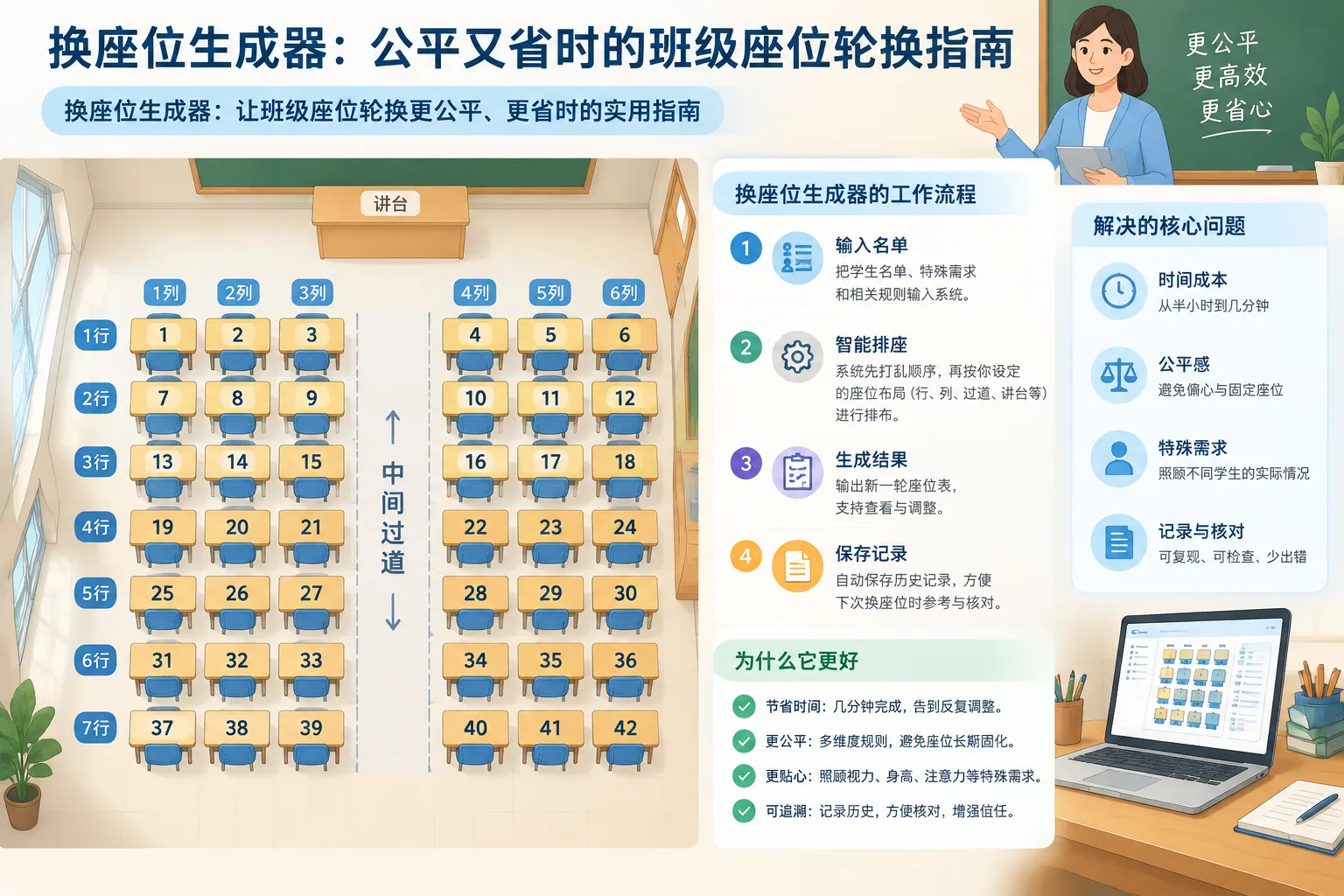 Clean instructional diagram of a classroom seating grid