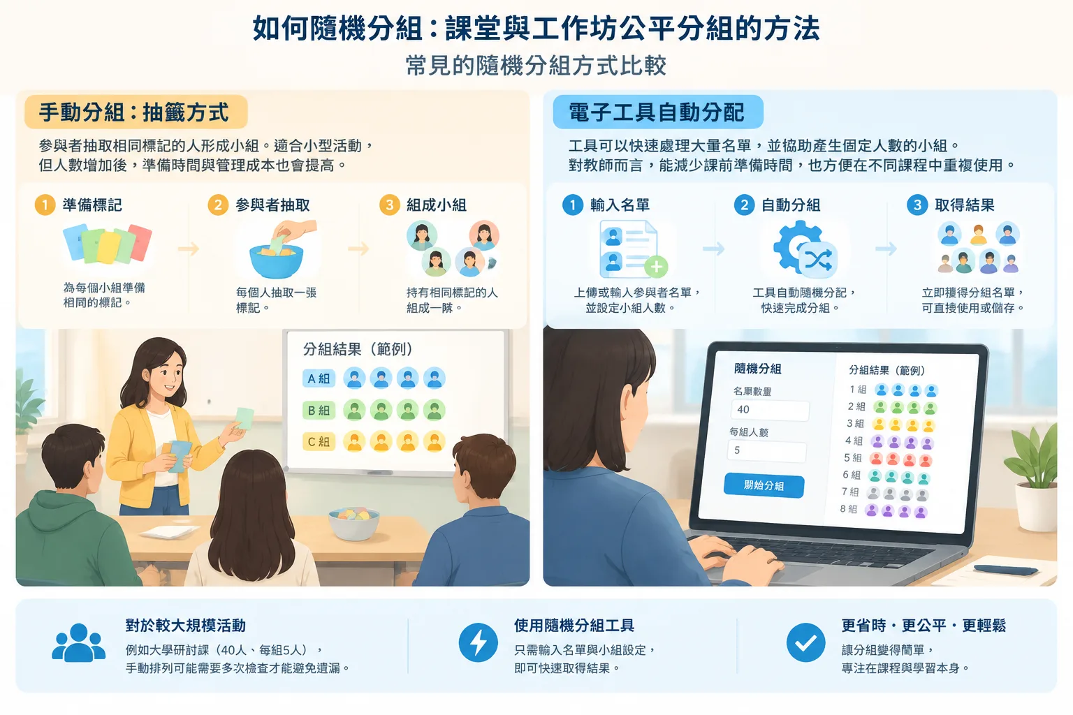 clean comparison infographic showing manual grouping versus automated random grouping workflow