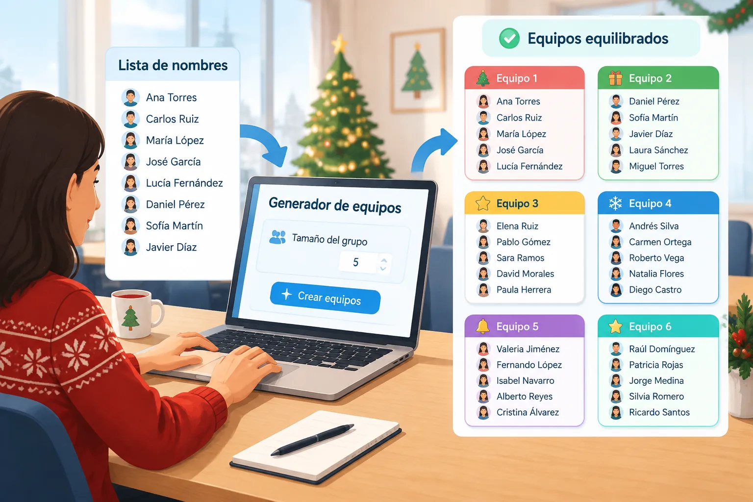 Diagrama educativo que muestra una lista de nombres transformándose en varios equipos equilibrados p