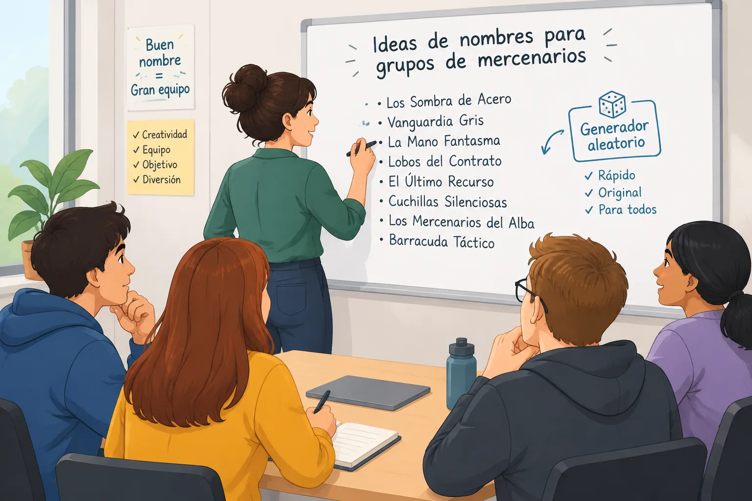 Flat instructional illustration of a facilitator writing generated squad name ideas on a whiteboard