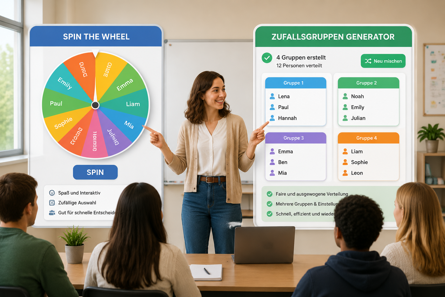 Two-panel illustration showing a colorful spinning wheel with names on the left and a clean grouping interface displaying evenly distributed student groups on the right, teacher standing between them, classroom background