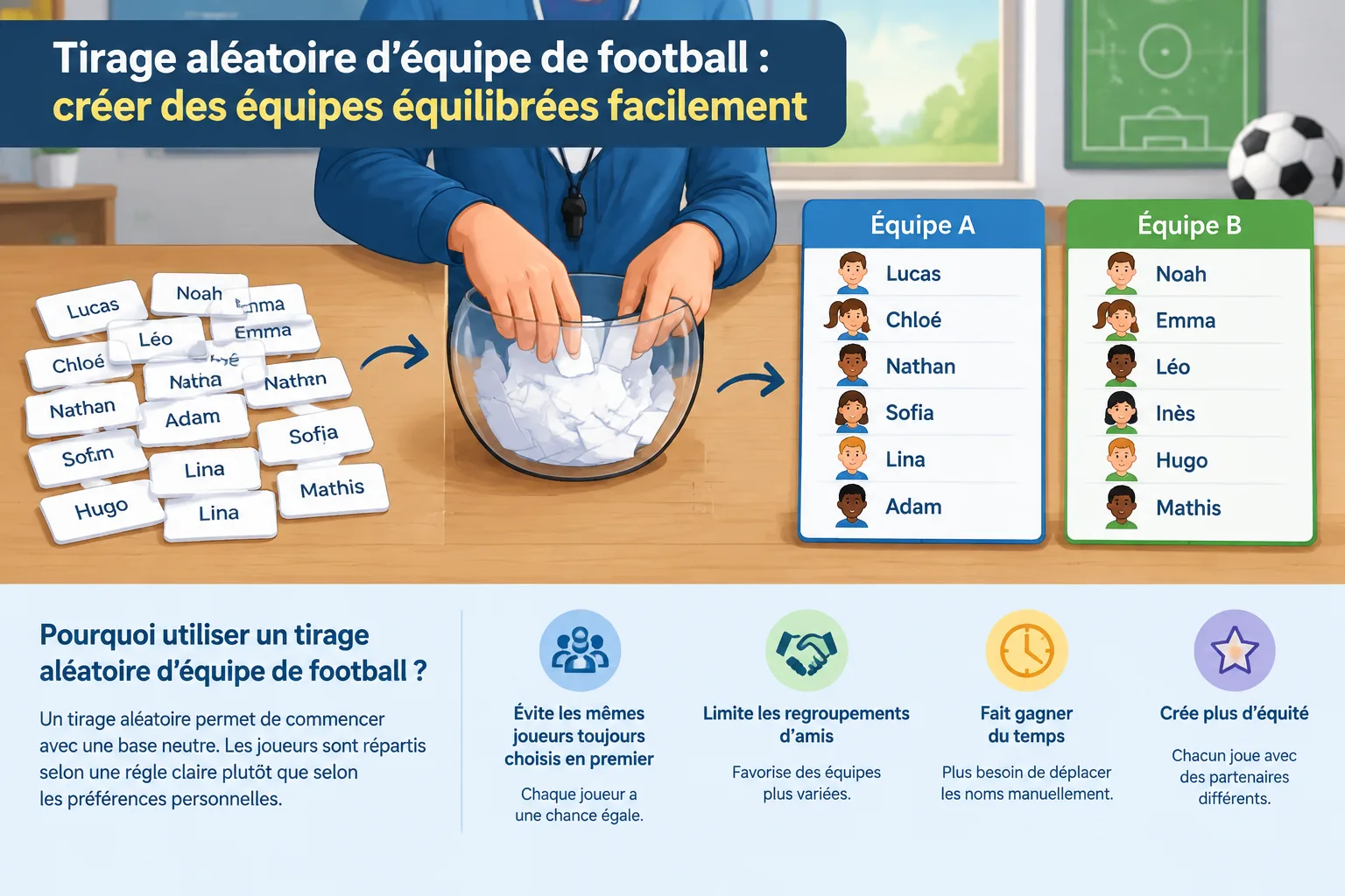 Illustration pédagogique montrant des noms de joueurs répartis automatiquement en équipes de footbal