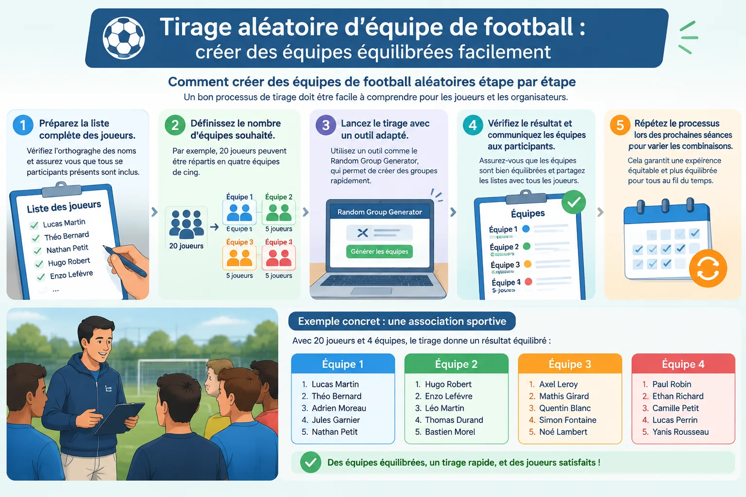 Diagramme simple montrant une liste de joueurs transformée en plusieurs équipes avec vérification de