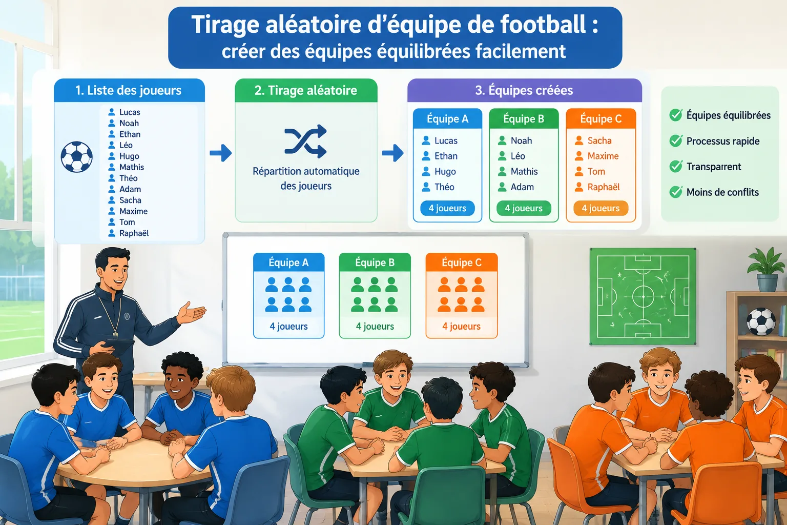 Illustration pédagogique montrant des noms de joueurs répartis automatiquement en équipes de footbal