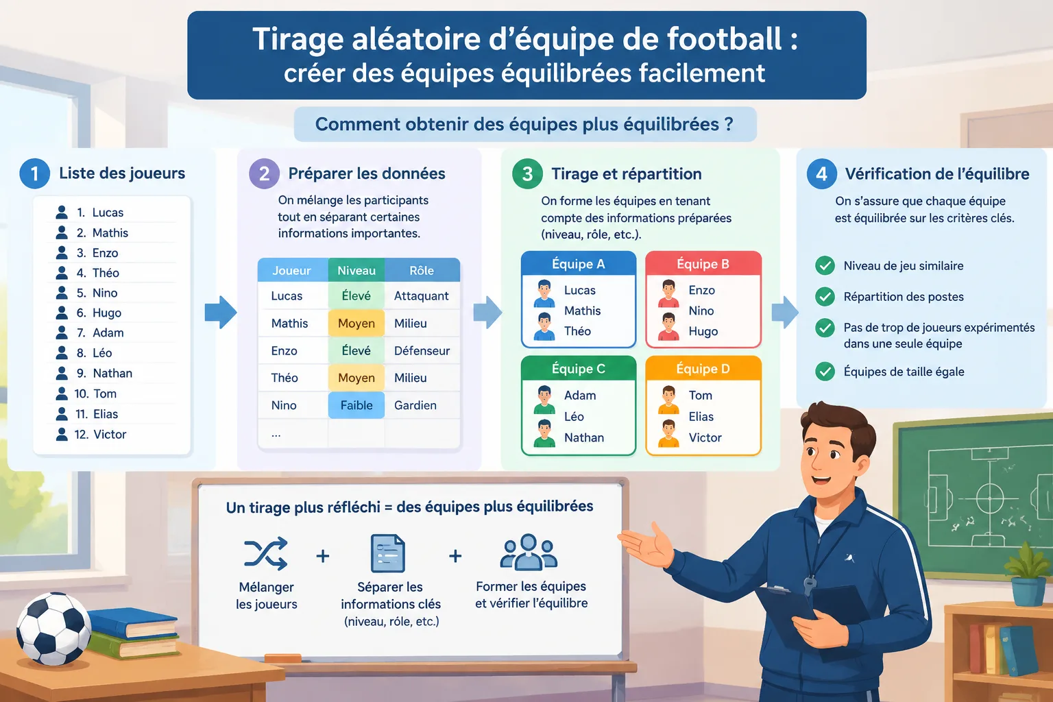 Diagramme simple montrant une liste de joueurs transformée en plusieurs équipes avec vérification de
