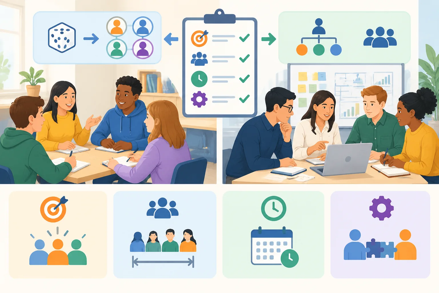 neutral workshop illustration comparing random groups and carefully planned project teams