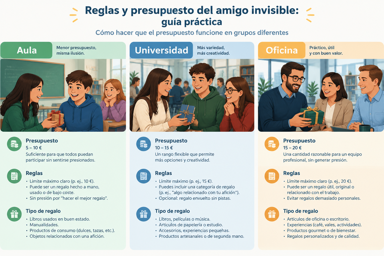 Diagrama comparativo de tres contextos de amigo invisible —aula