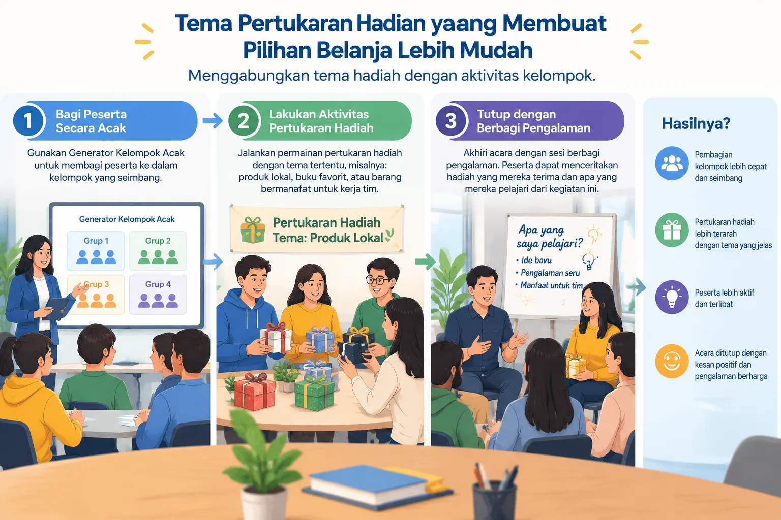 Ilustrasi alur kegiatan workshop yang menggabungkan pembagian kelompok acak dan pertukaran hadiah be
