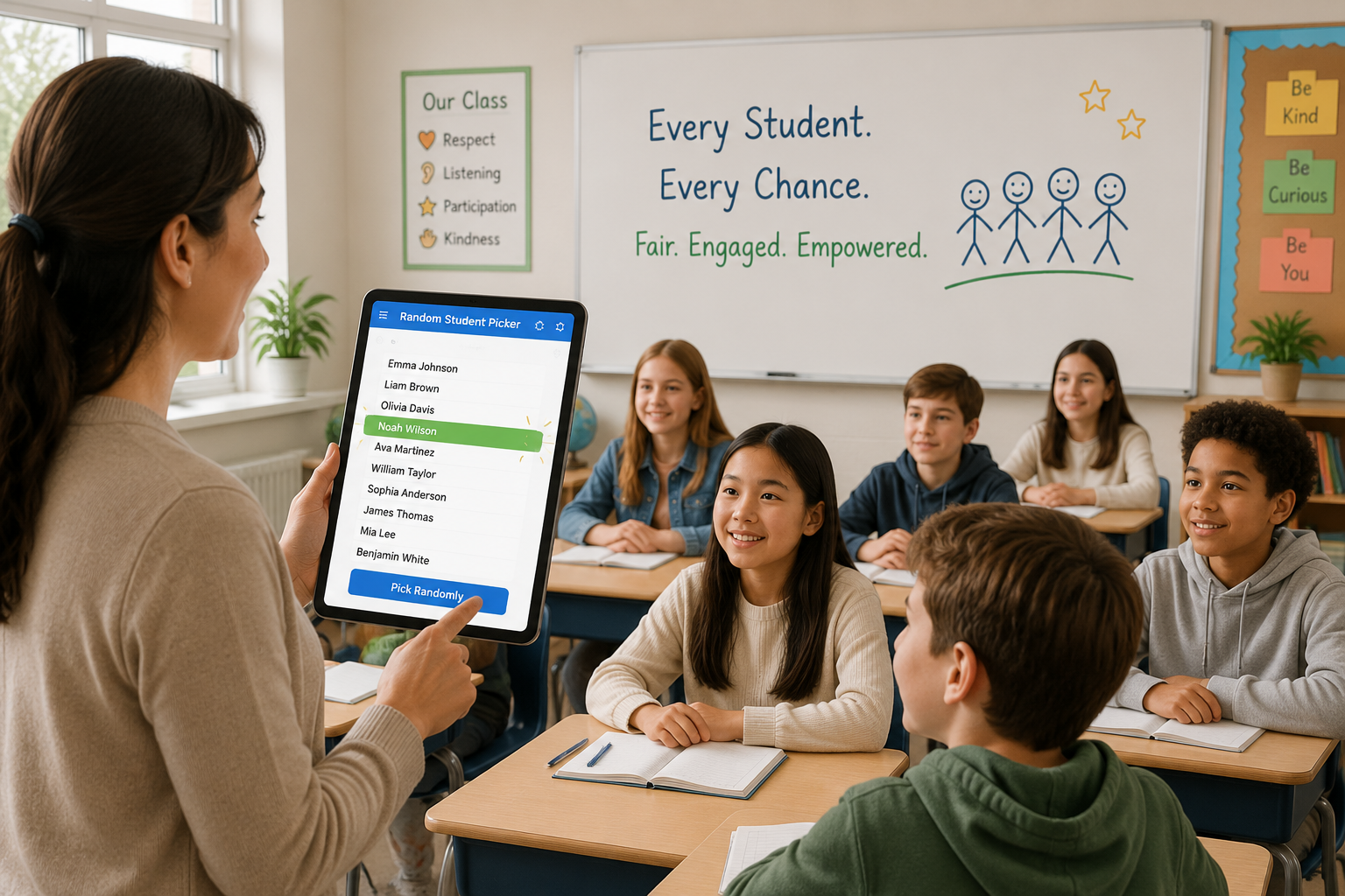 A bright classroom scene with a teacher holding a tablet showing the random student picker interface, student names scrolling and one name highlighted, attentive students in the background.