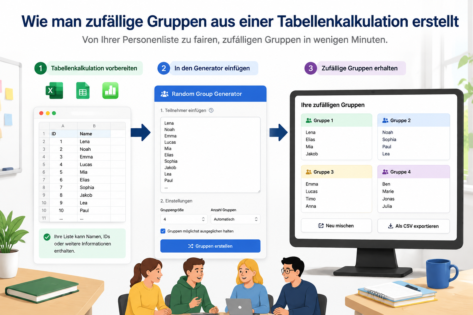 Infografik, die den Datenfluss von einer Tabellenkalkulation (Excel/Google Sheets) über das Einfügen in den Online-Generator bis zu den angezeigten fertigen Gruppen auf dem Bildschirm darstellt