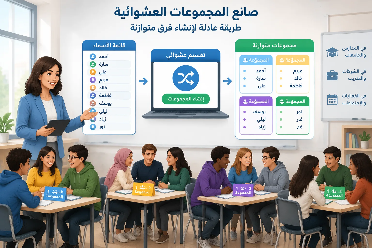 تعليمية توضح شبكة أسماء تتحول إلى مجموعات صغيرة متوازنة باستخدام أداة تقسيم عشوائي