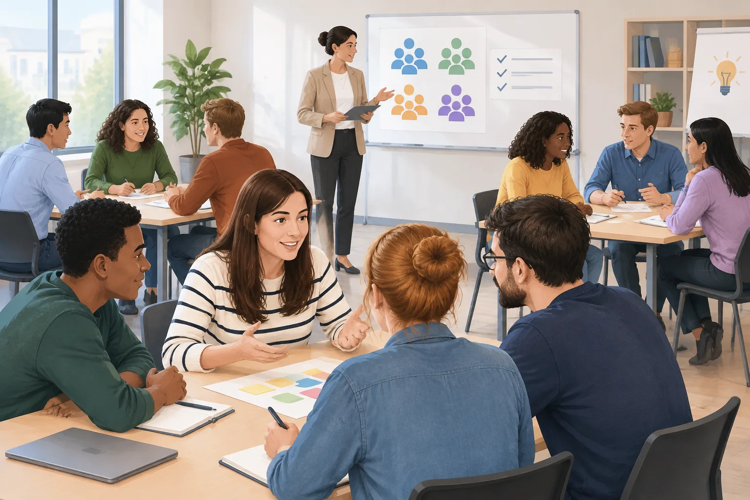 Illustration neutre d'un atelier professionnel avec participants répartis en petits groupes autour d