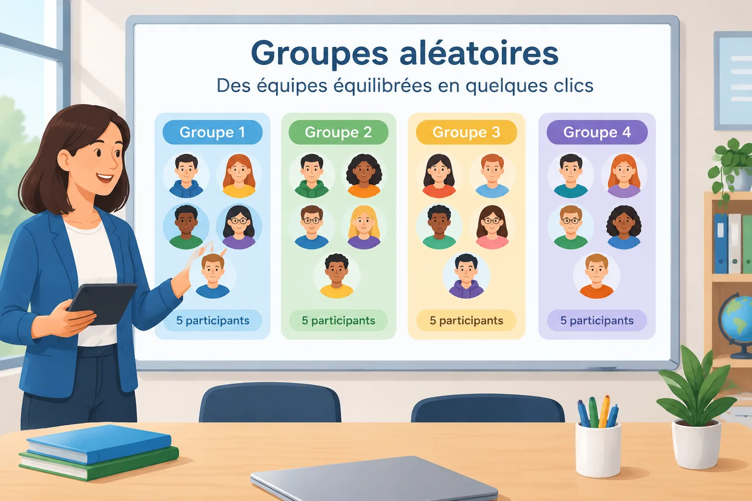 Illustration pédagogique montrant une grille de participants répartis en plusieurs groupes équilibré