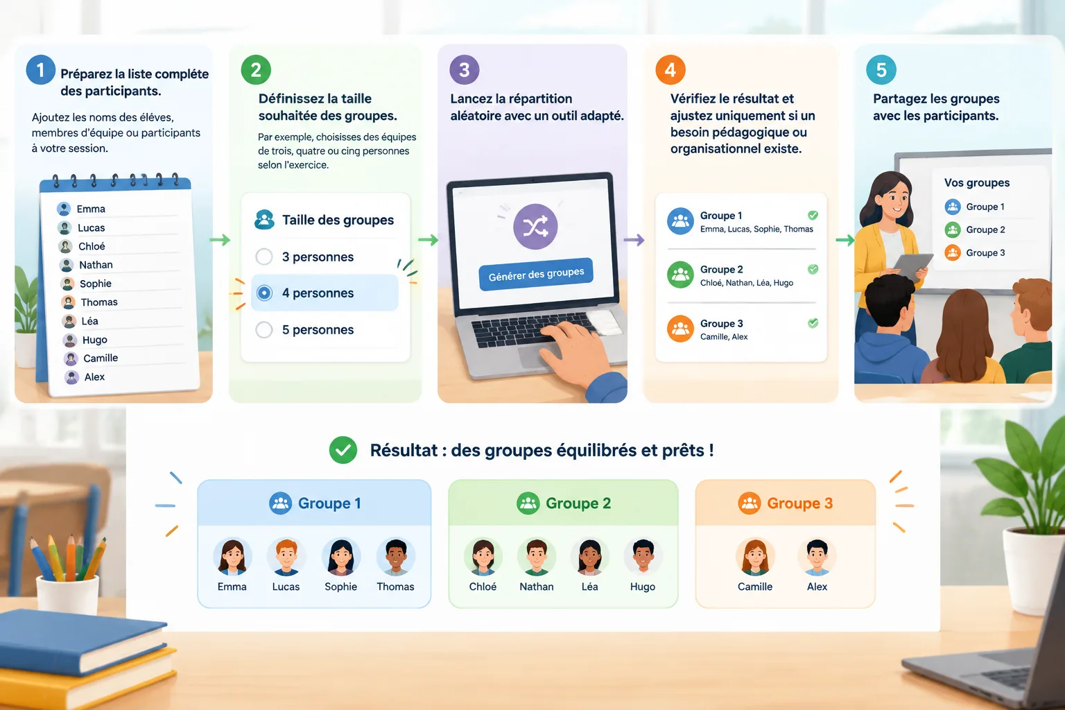 Schéma étape par étape montrant une liste de noms transformée en plusieurs groupes de travail
