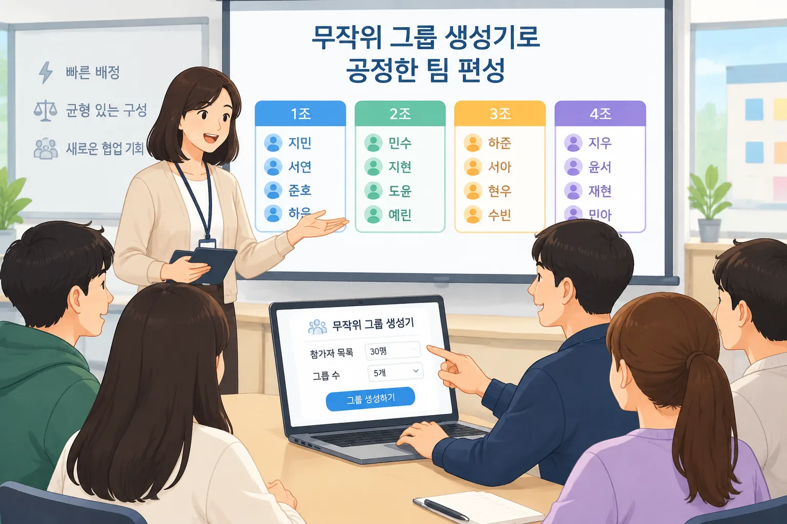 교육자와 진행자가 참가자 목록을 여러 개의 균형 잡힌 그룹으로 나누는 간단한 인포그래픽