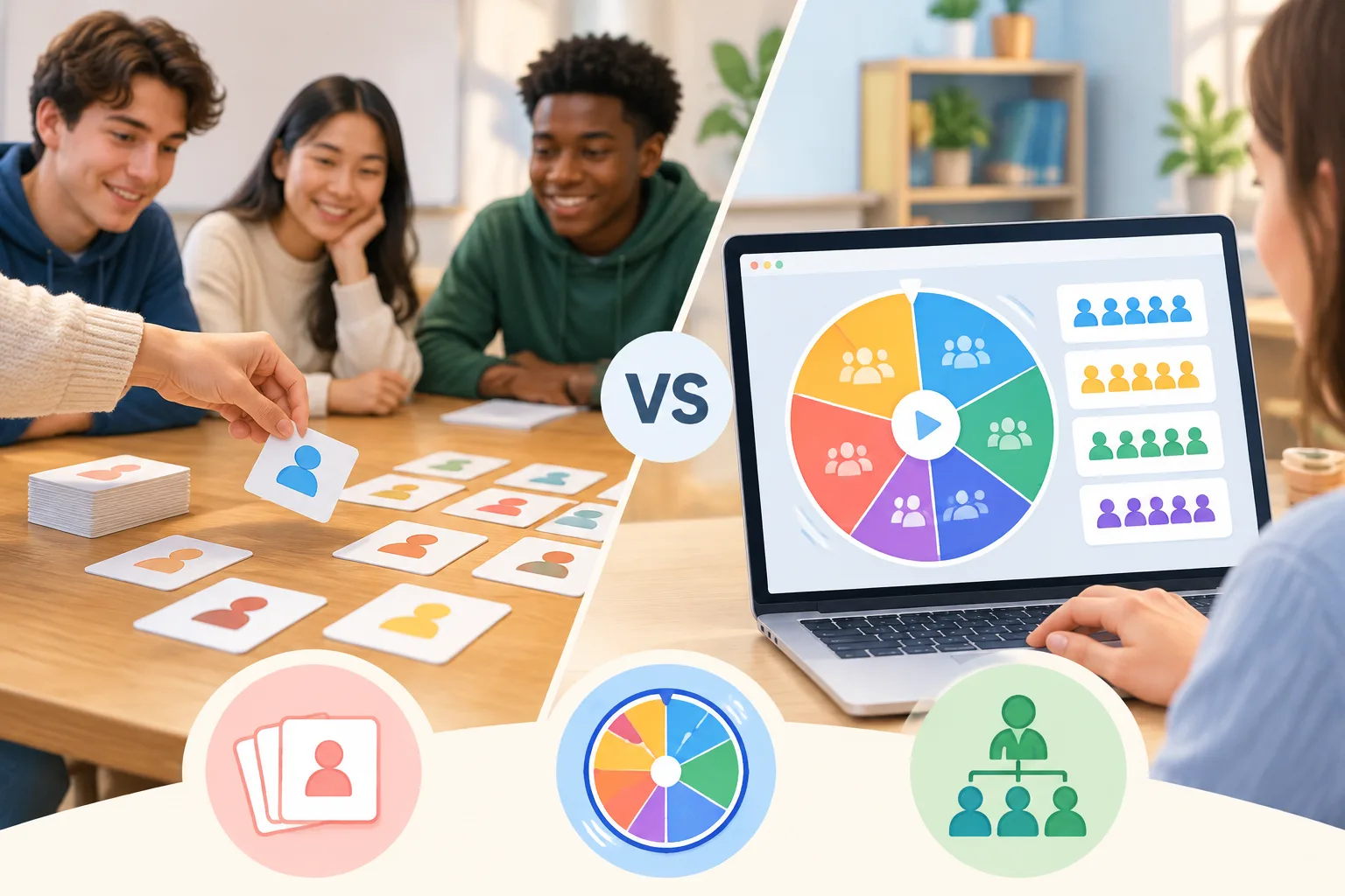 Comparación visual entre asignación manual con tarjetas y herramienta digital de grupos aleatorios