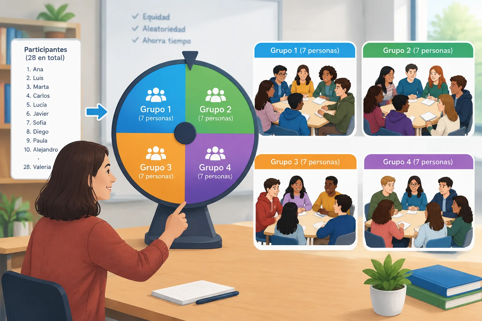 Ilustración educativa de una rueda visual que divide una lista de participantes en varios grupos equ
