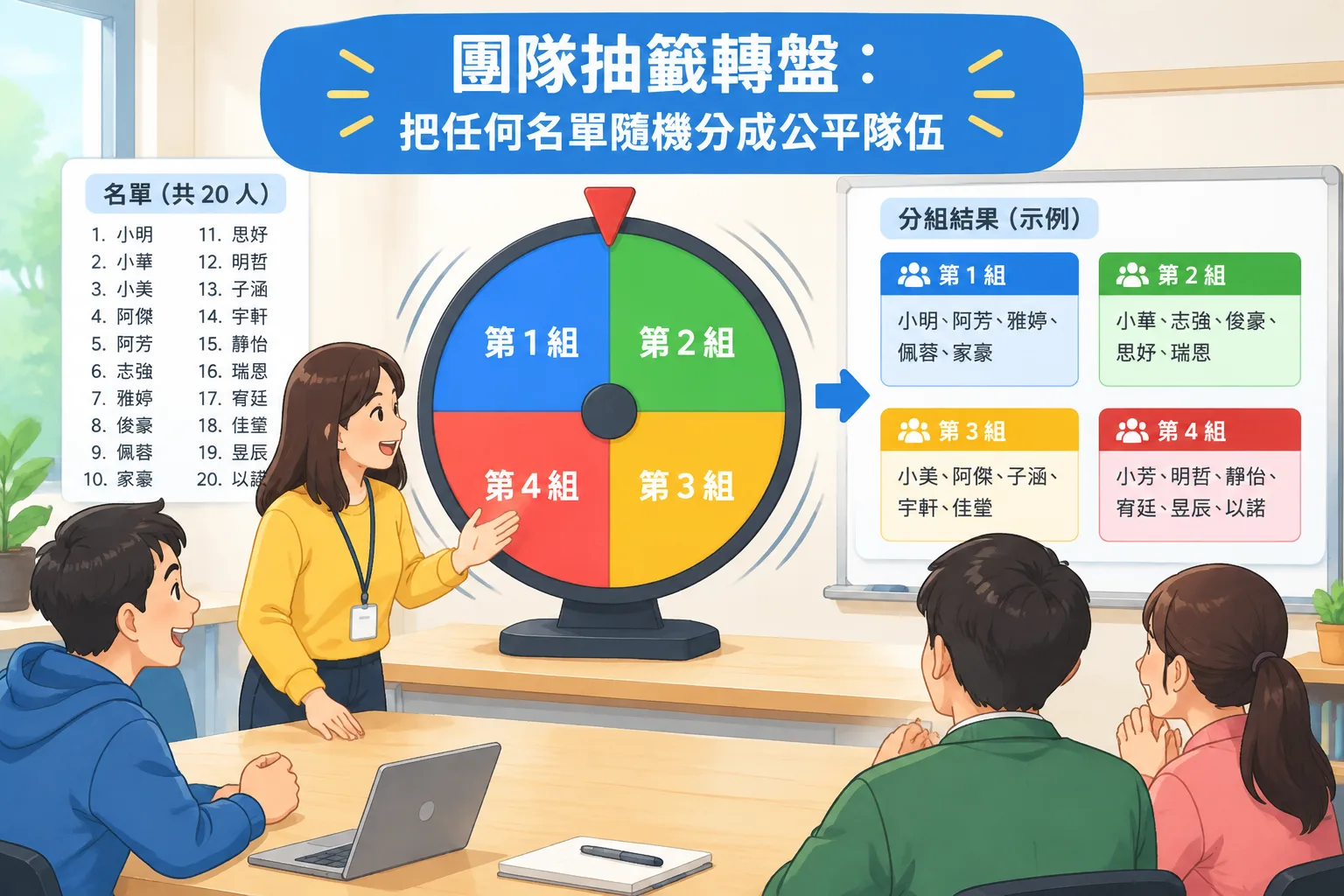 Clean instructional illustration of a spinning team picker wheel splitting a name list into four col