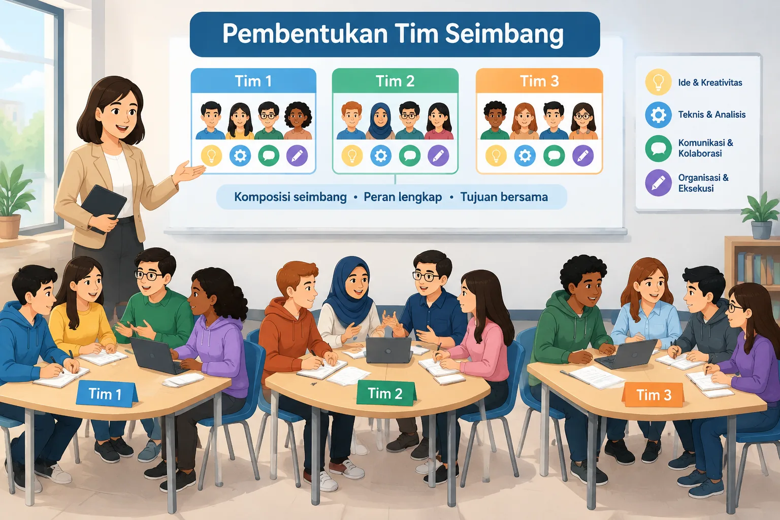 Ilustrasi diagram kelompok seimbang dengan anggota berbeda kemampuan yang terbagi merata dalam beber
