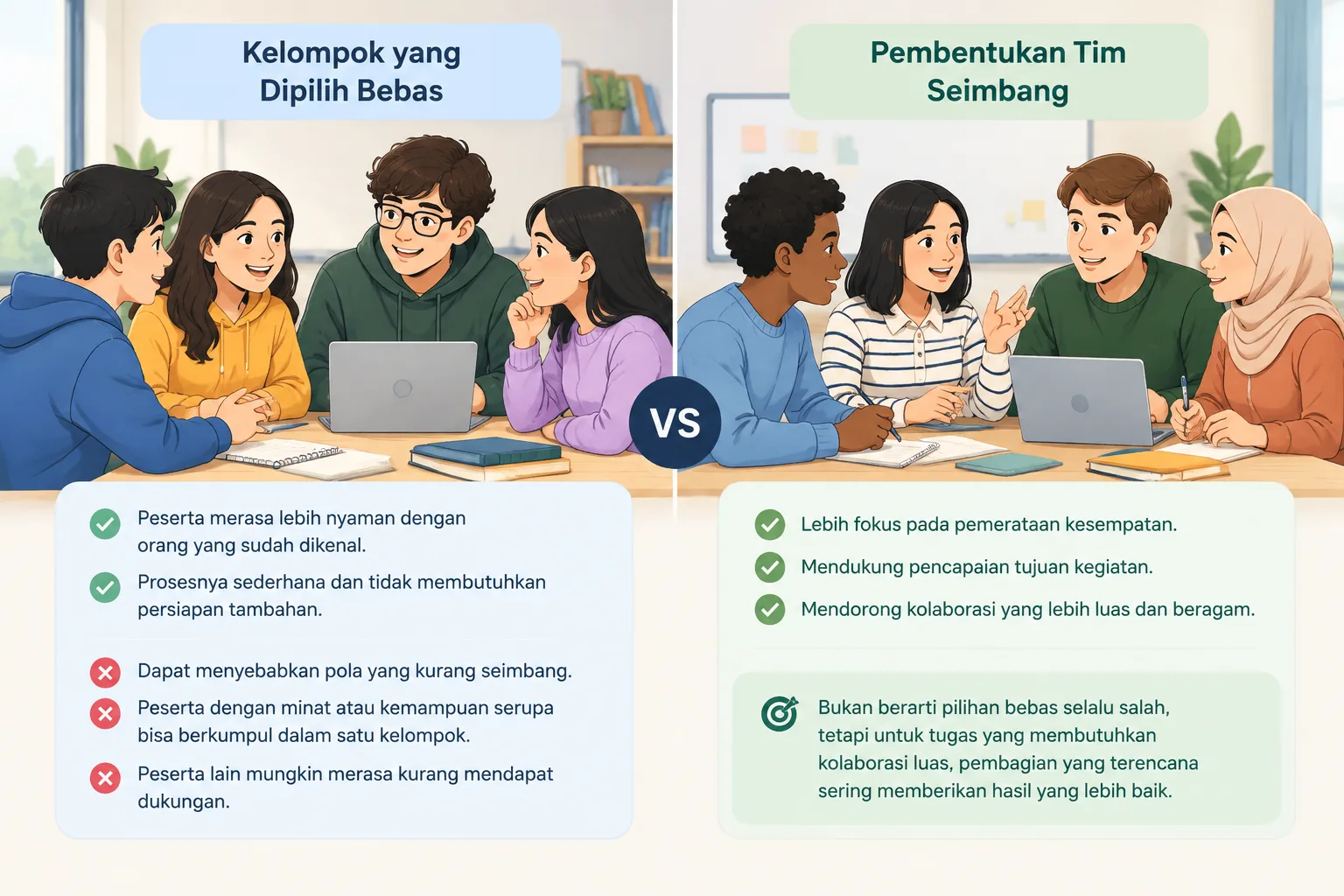 Perbandingan visual antara kelompok yang dipilih bebas dan kelompok dengan komposisi anggota seimban