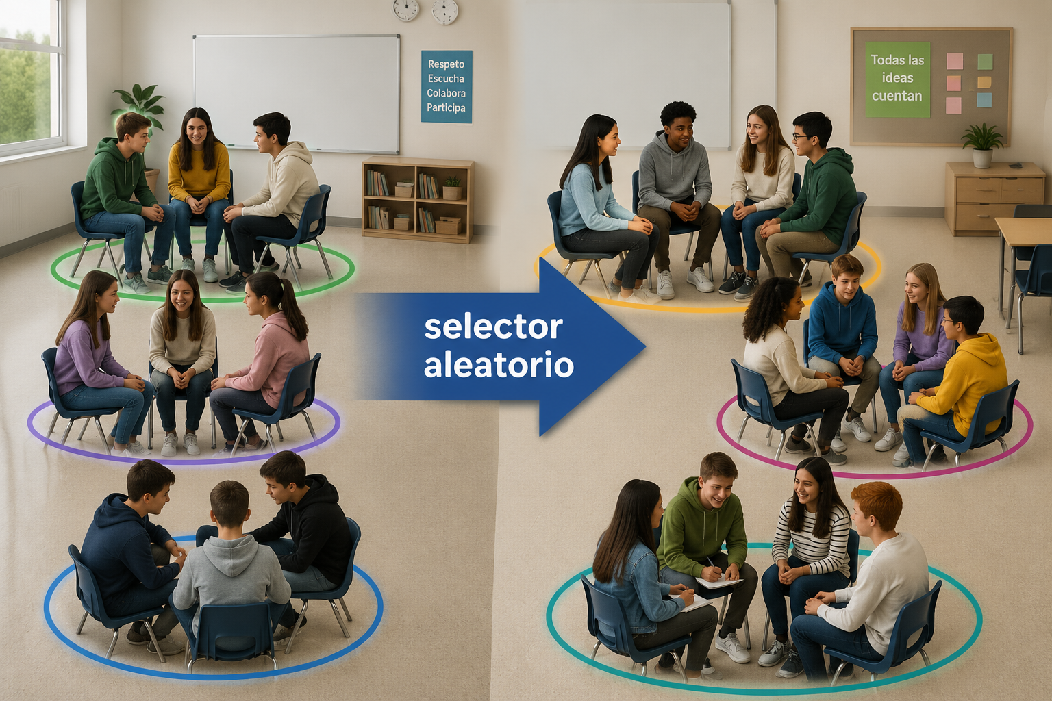 Un aula con estudiantes sentados en círculos separados que representan grupos cerrados, y una flecha grande con el texto "selector aleatorio" que los mezcla en nuevos grupos diversos.
