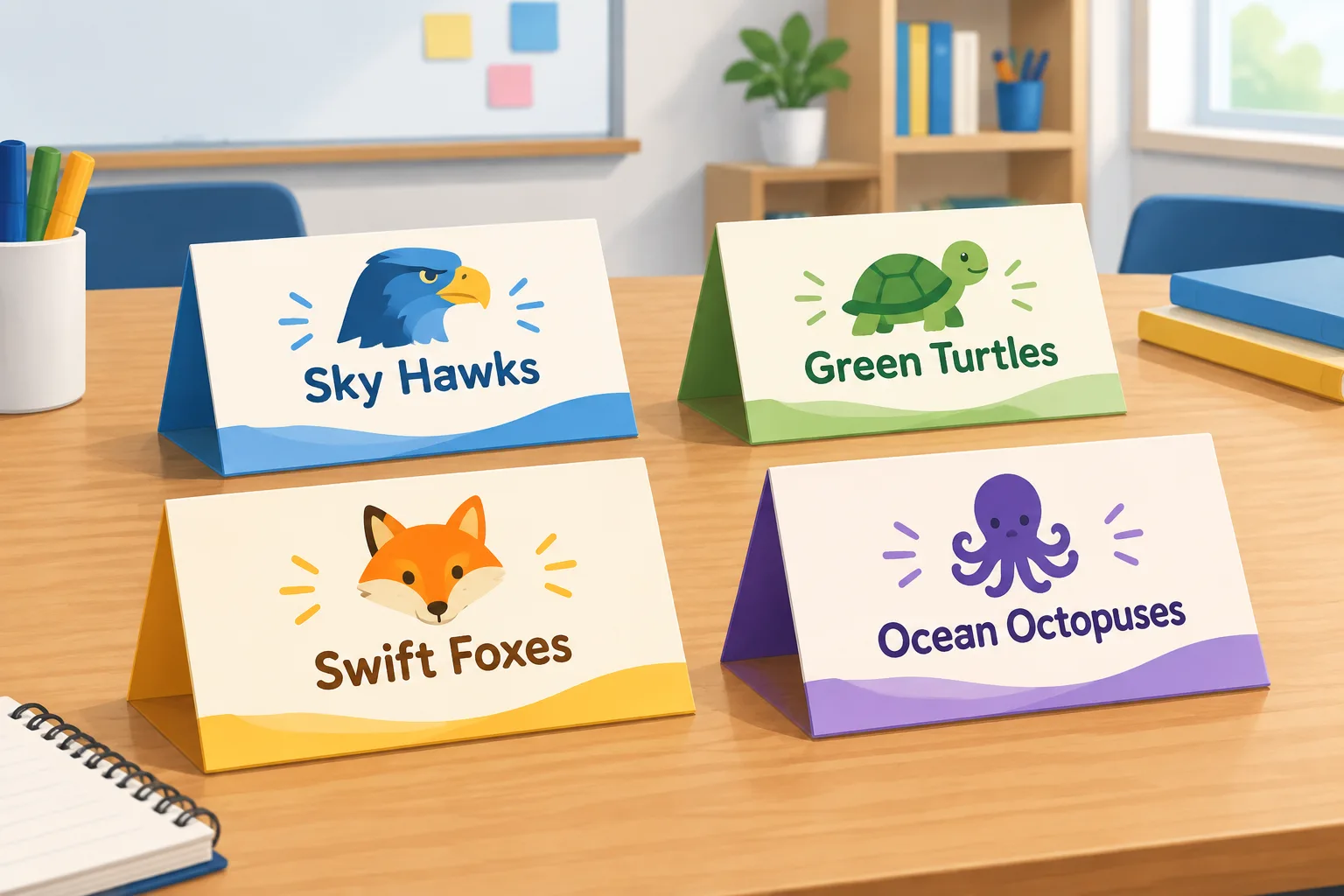 Flat illustration of four group name cards arranged on a table