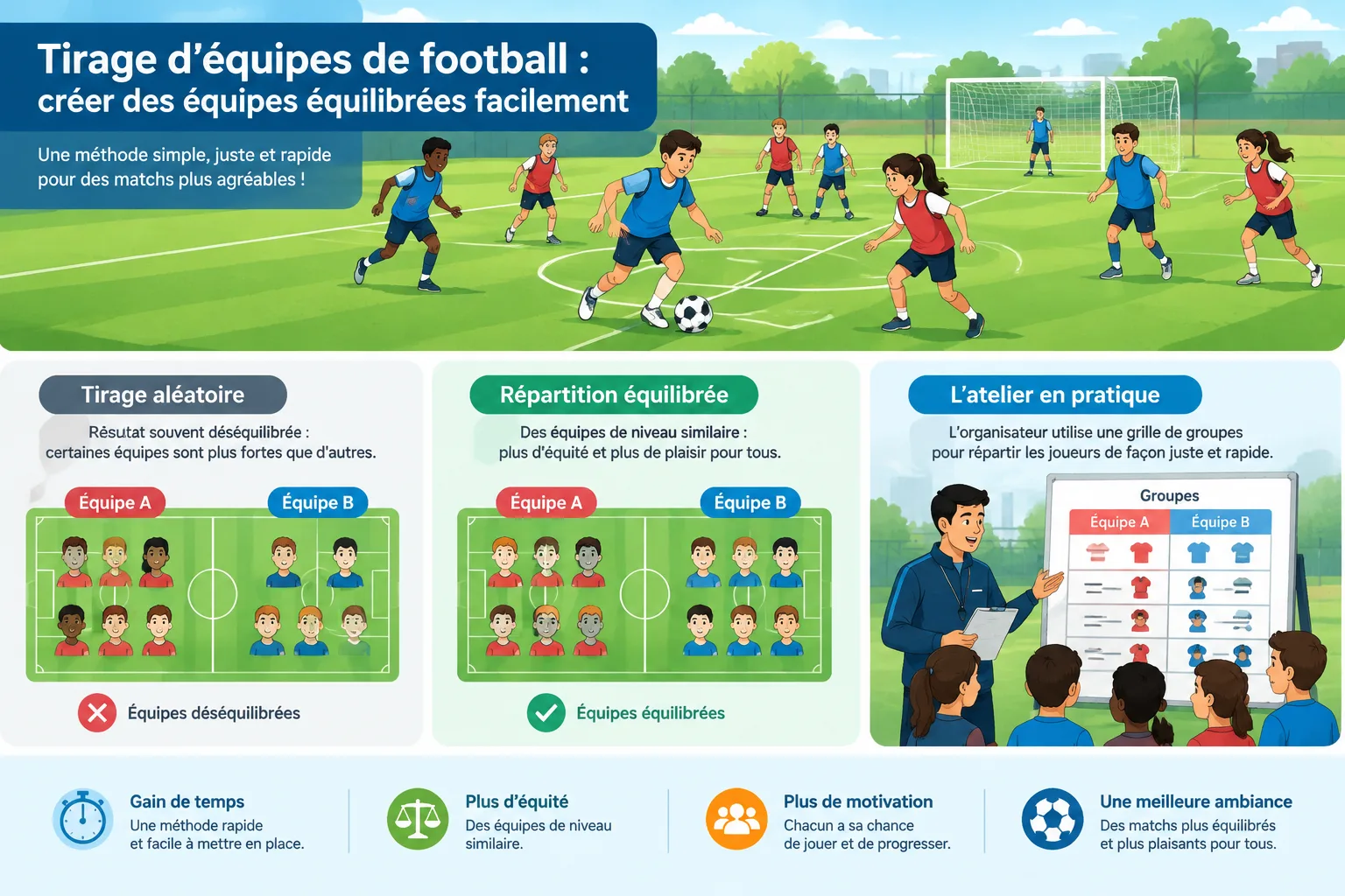 Illustration pédagogique montrant un terrain de football simplifié avec des joueurs répartis en équi