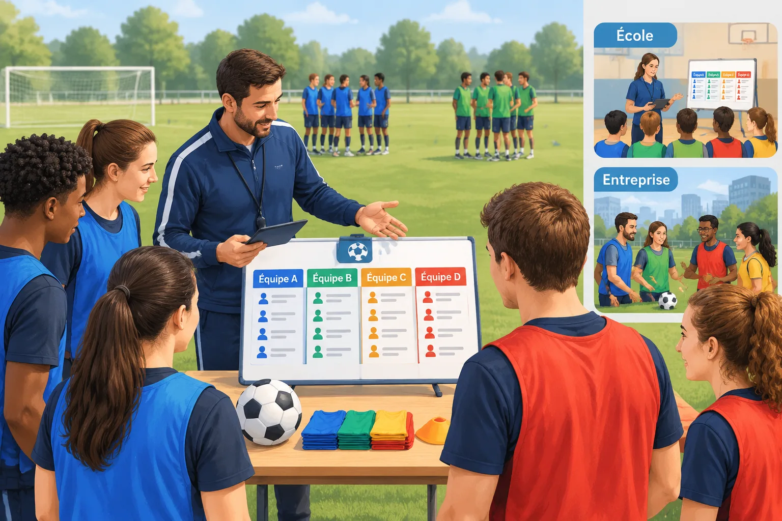 Illustration d'un atelier sportif avec un organisateur utilisant une grille de groupes pour répartir