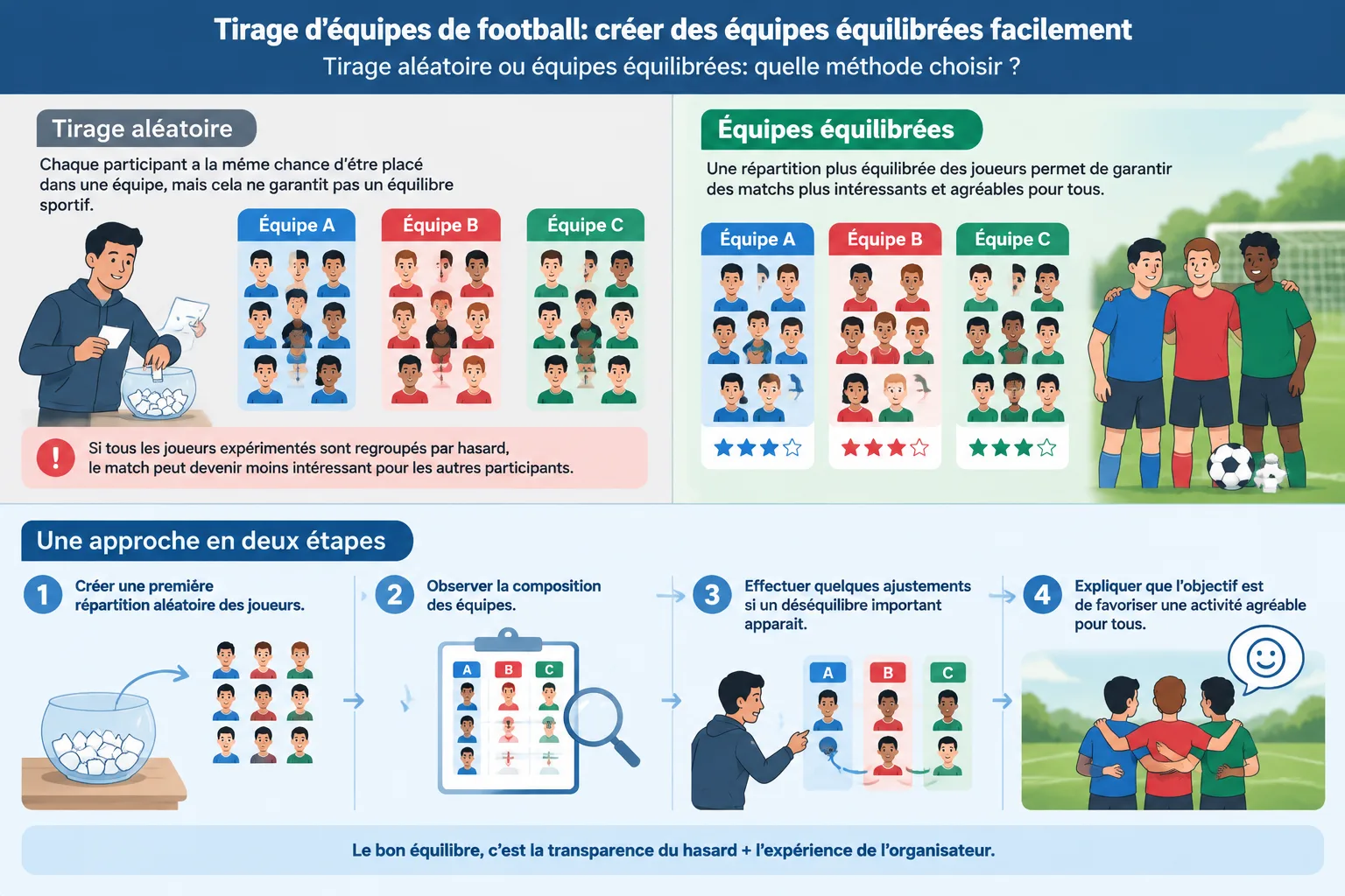 Diagramme simple montrant la différence entre un tirage aléatoire et une répartition équilibrée des