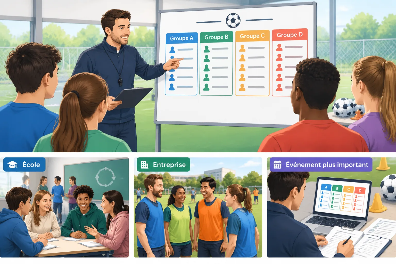 Illustration d'un atelier sportif avec un organisateur utilisant une grille de groupes pour répartir
