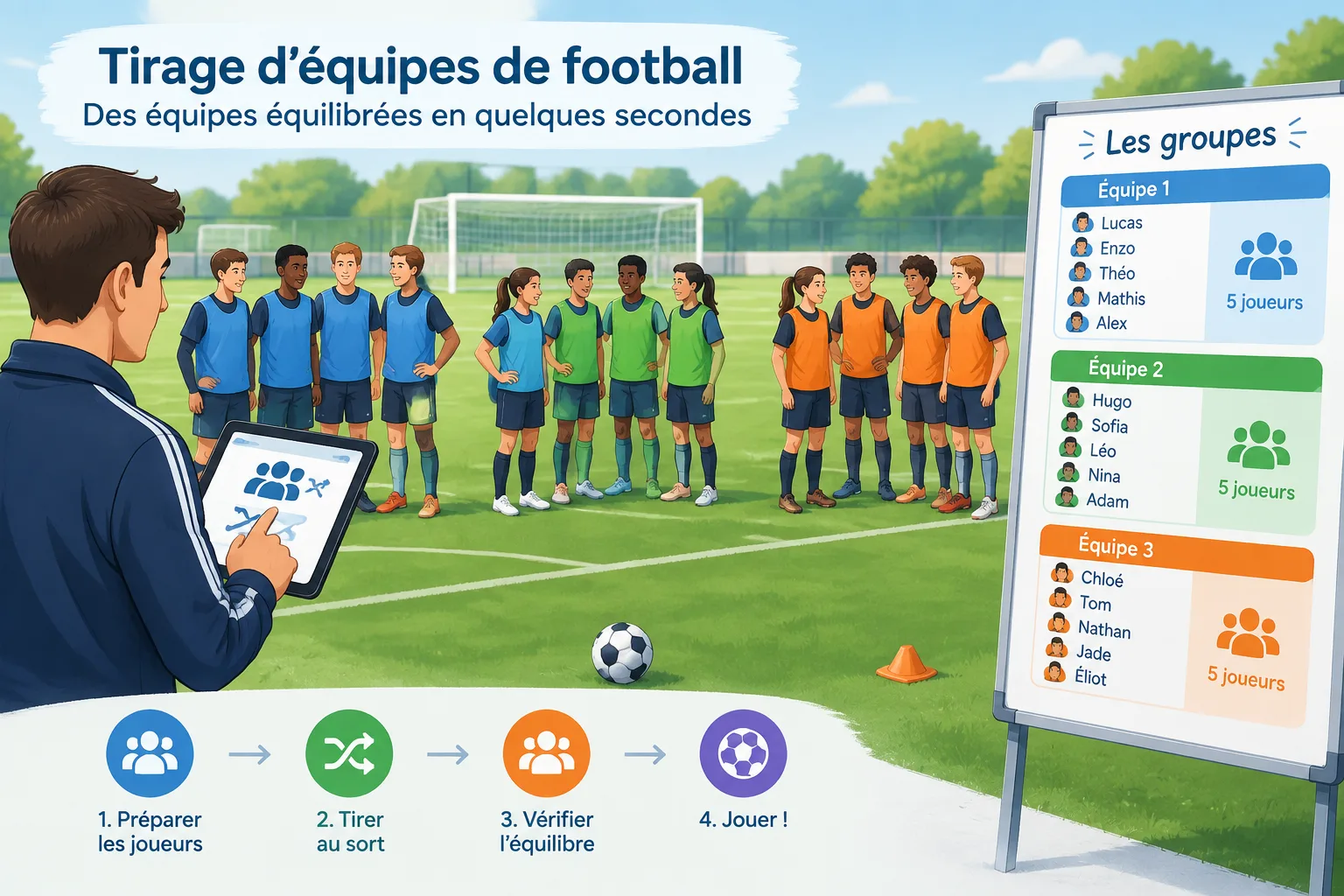Illustration pédagogique montrant un terrain de football simplifié avec des joueurs répartis en plus