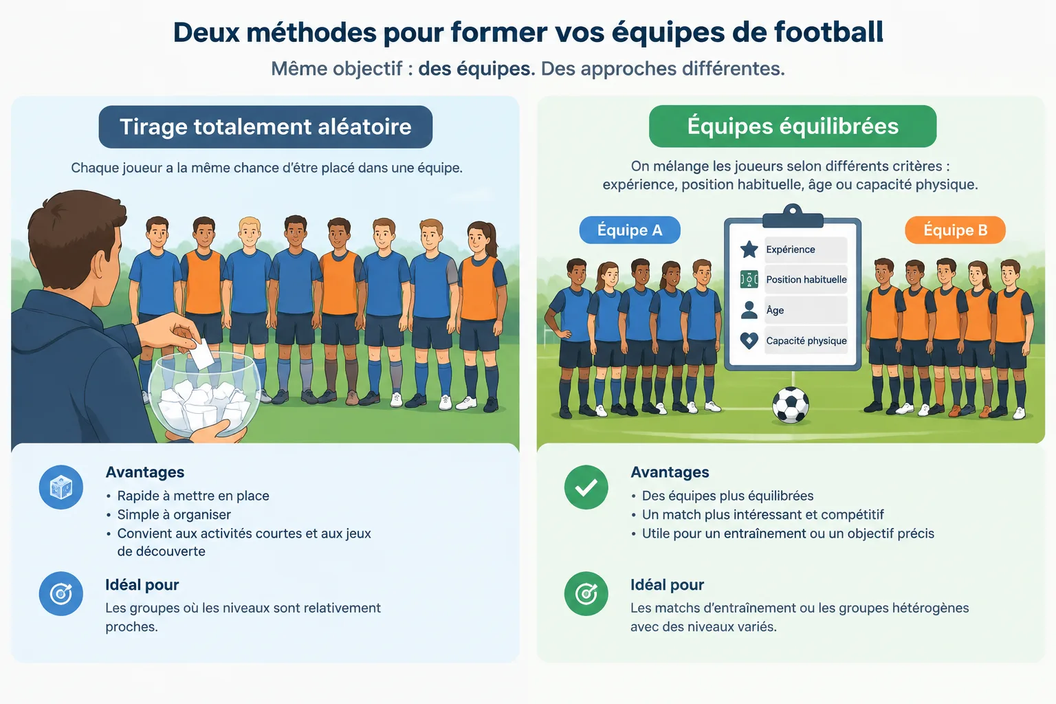 Diagramme simple montrant la différence entre un tirage aléatoire et une répartition équilibrée des