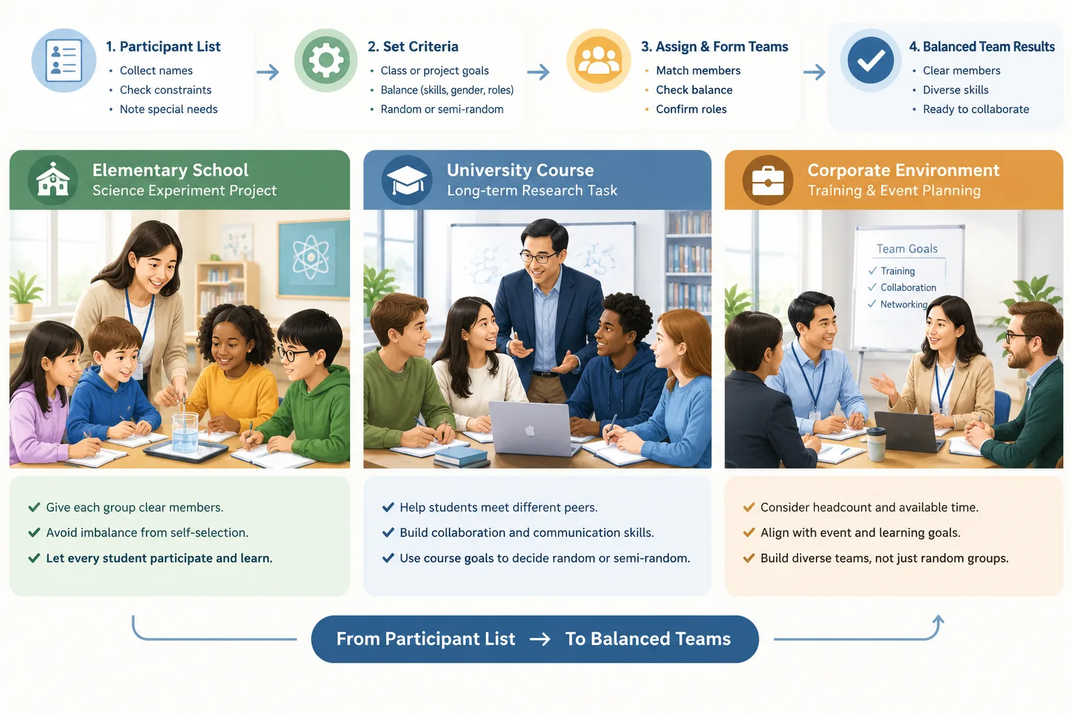 instructional workflow illustration showing steps from participant list to balanced team results