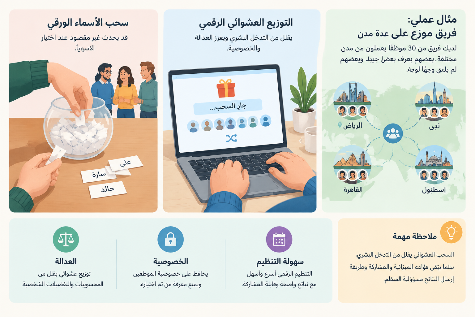 مخطط تعليمي يقارن بين سحب الأسماء الورقي والتوزيع العشوائي الرقمي مع إبراز العدالة والخصوصية وسهولة