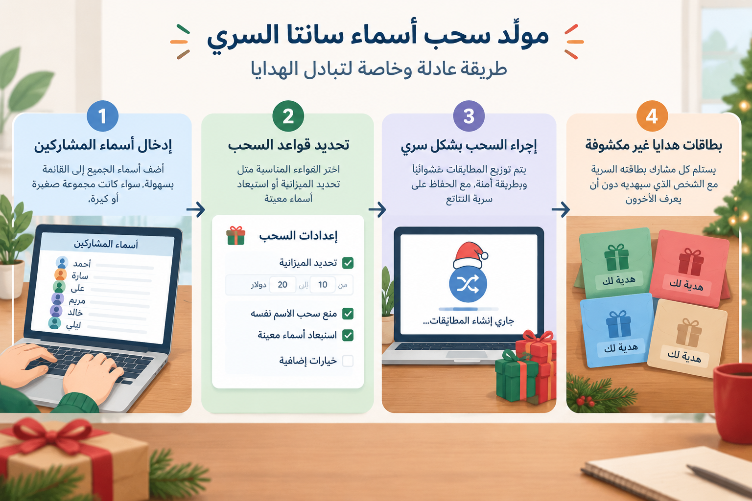 رسم توضيحي نظيف يبين أسماء المشاركين في قائمة ثم تتحول إلى مطابقة سرية لكل شخص، مع بطاقات هدايا غير