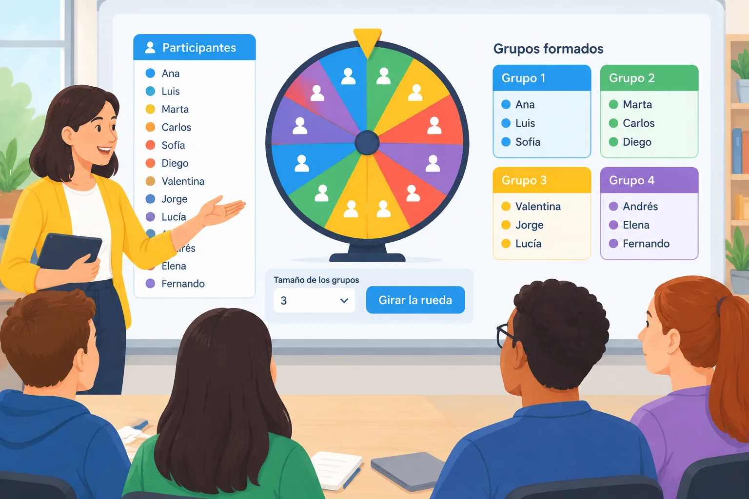 Ilustración educativa de una rueda digital que divide una lista de participantes en varios grupos eq
