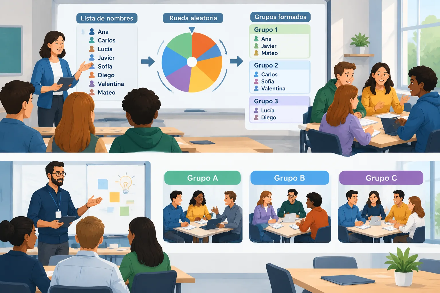 Diagrama limpio de un aula y un taller mostrando participantes pasando de una lista de nombres a var