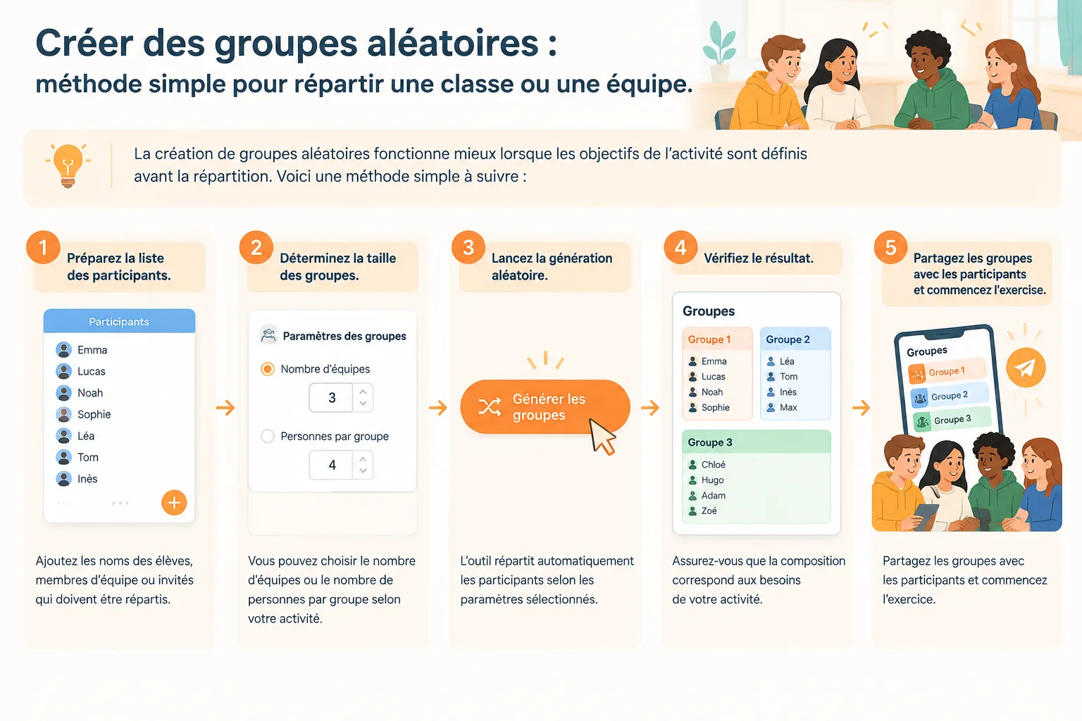 Schéma simple montrant les étapes liste de participants, réglage des groupes, génération et partage