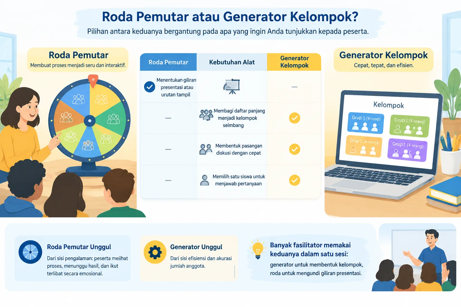 Infografis perbandingan roda pemutar dan generator kelompok