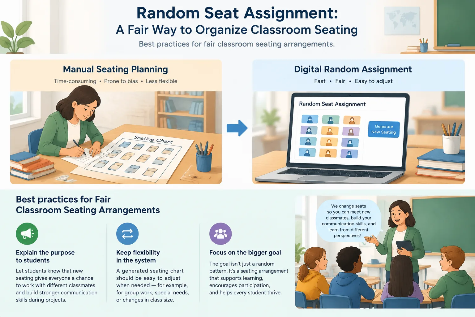 clean infographic comparing manual classroom seating planning