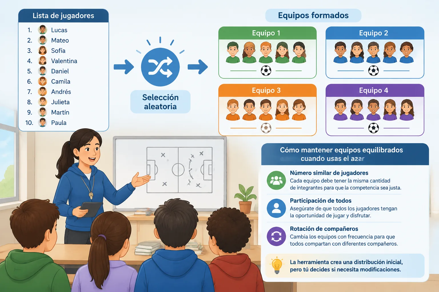 Diagrama limpio mostrando una lista de jugadores transformándose en varios equipos de fútbol mediant