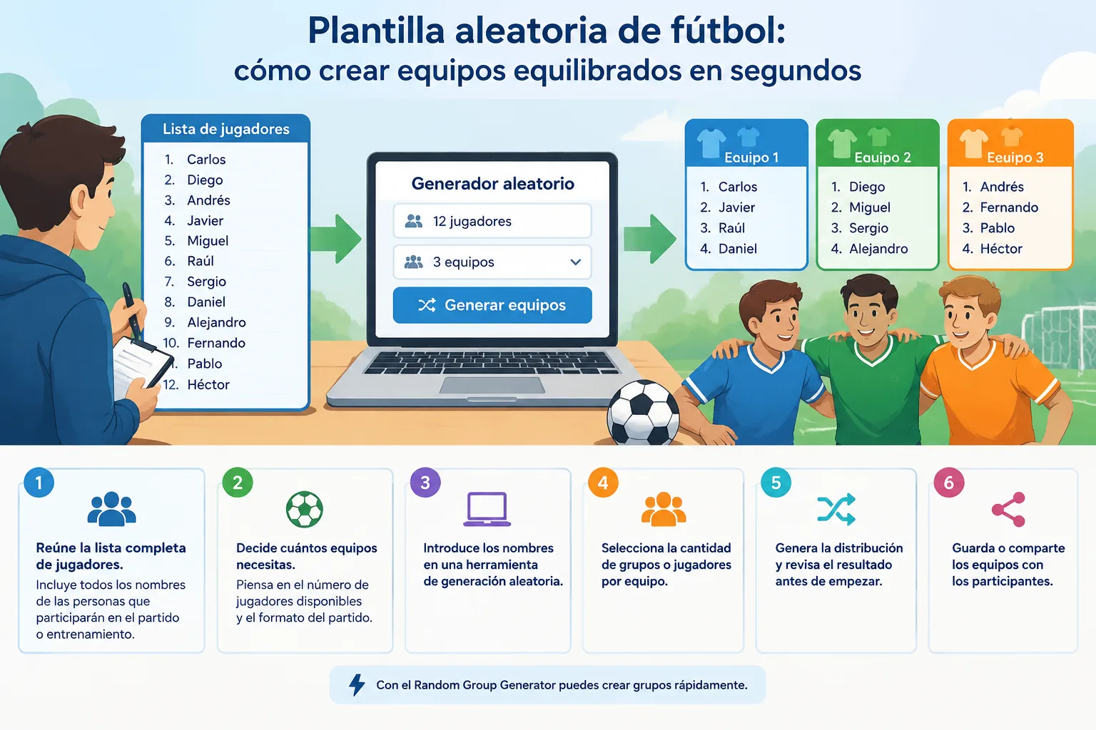 Diagrama limpio mostrando una lista de jugadores transformándose en varios equipos de fútbol mediant