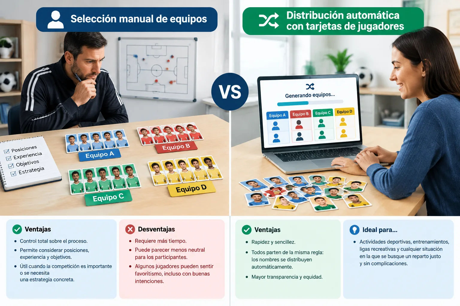 Comparación visual entre selección manual de equipos y distribución automática mediante tarjetas de