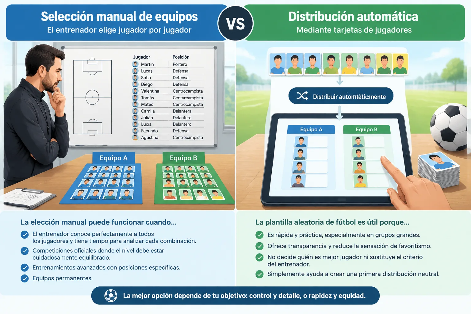 Comparación visual entre selección manual de equipos y distribución automática mediante tarjetas de