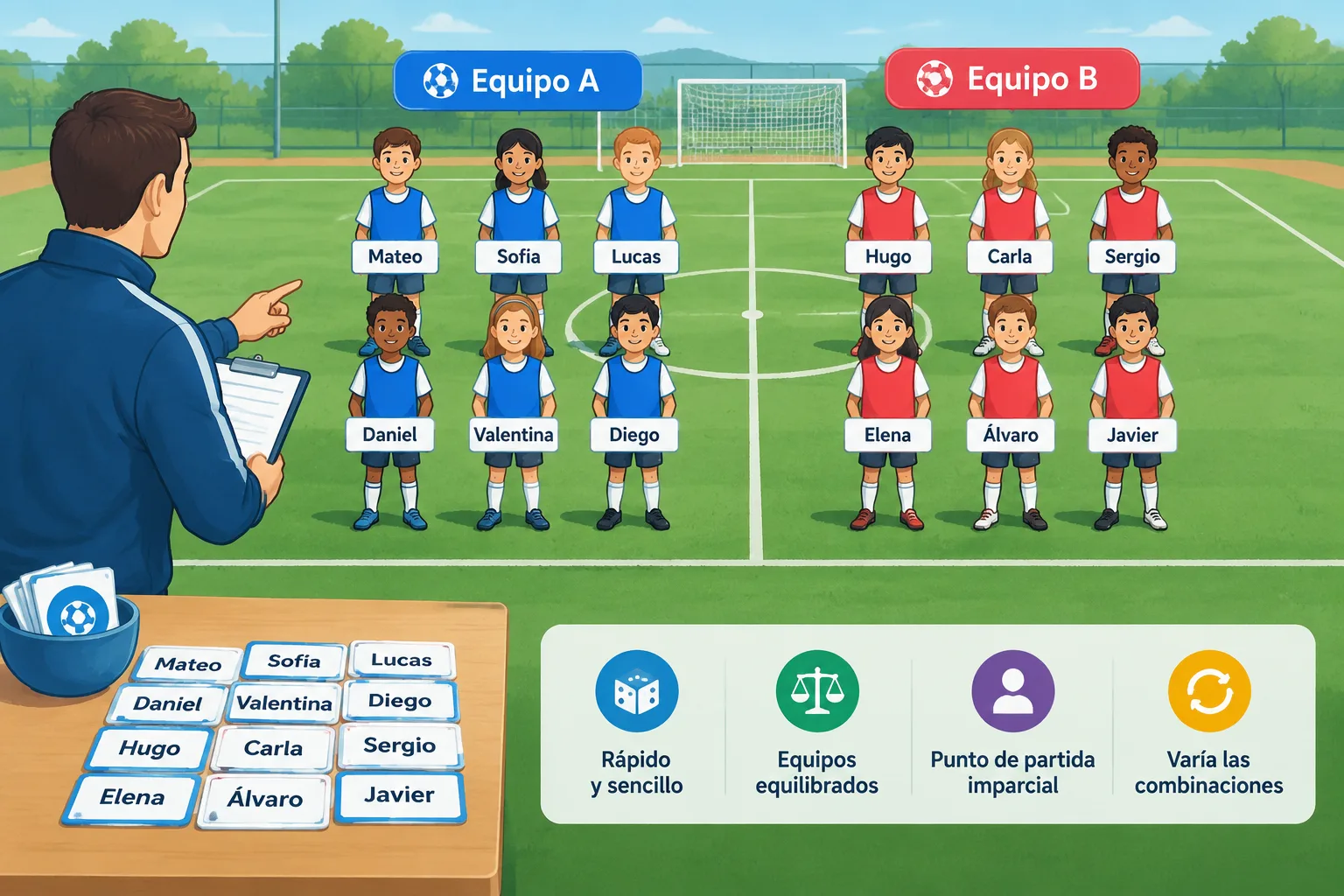 Ilustración educativa de un campo de fútbol dividido en grupos equilibrados con nombres de jugadores
